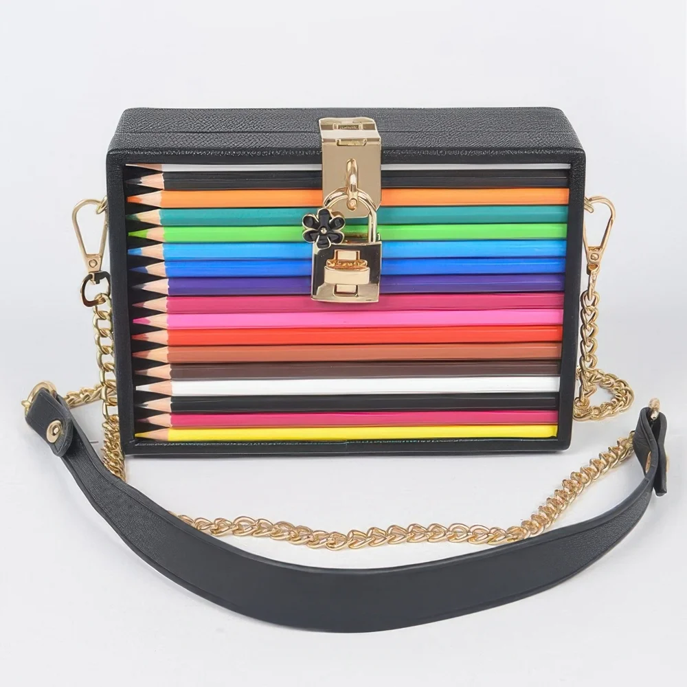 Multicolor Pencil Design Clutch with‎ Gold Accents